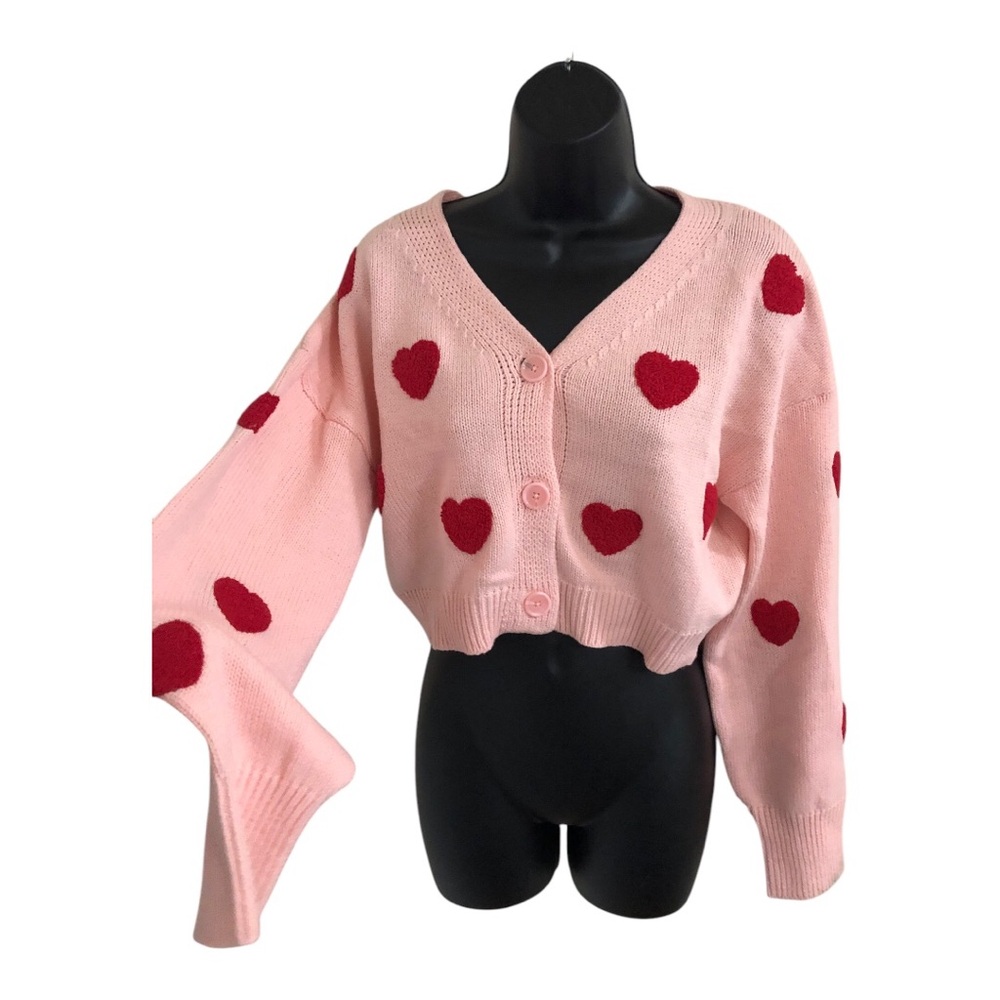 Jessica Simpson tufted‎ embroidered red hearts cropped pink cardigan size XL new